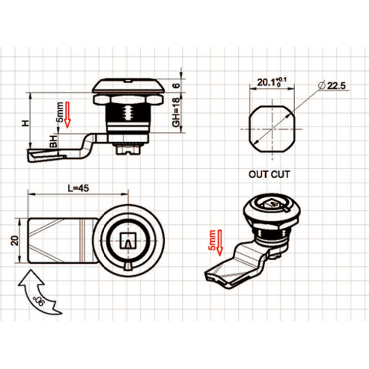 Serrure à compression de type outil court-A6025