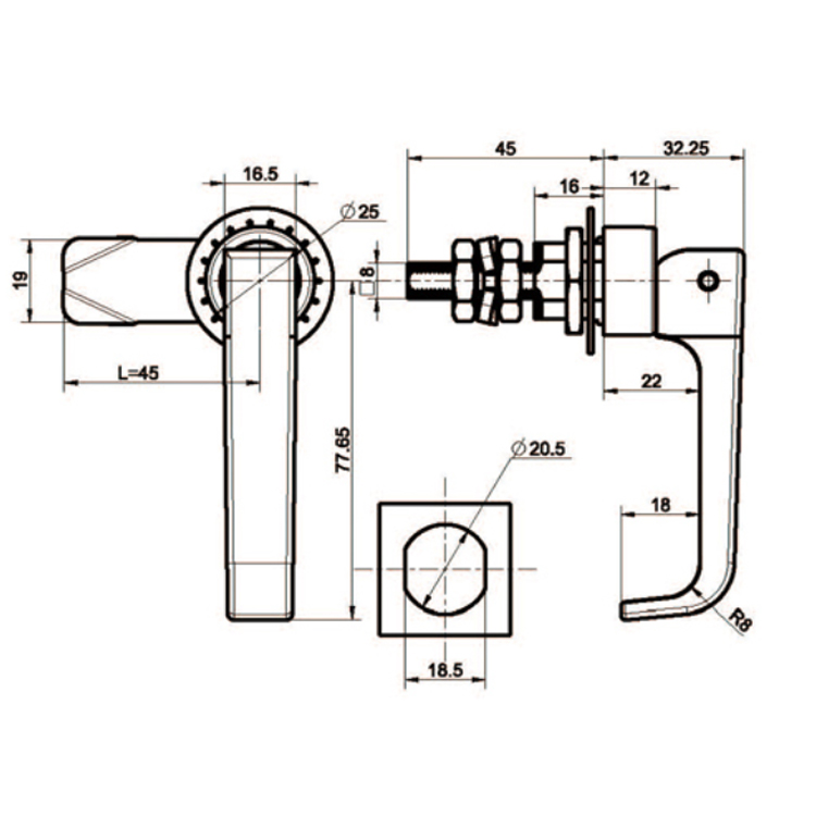 Serrure à compression de type traction à poignée en L de taille moyenne-A6242